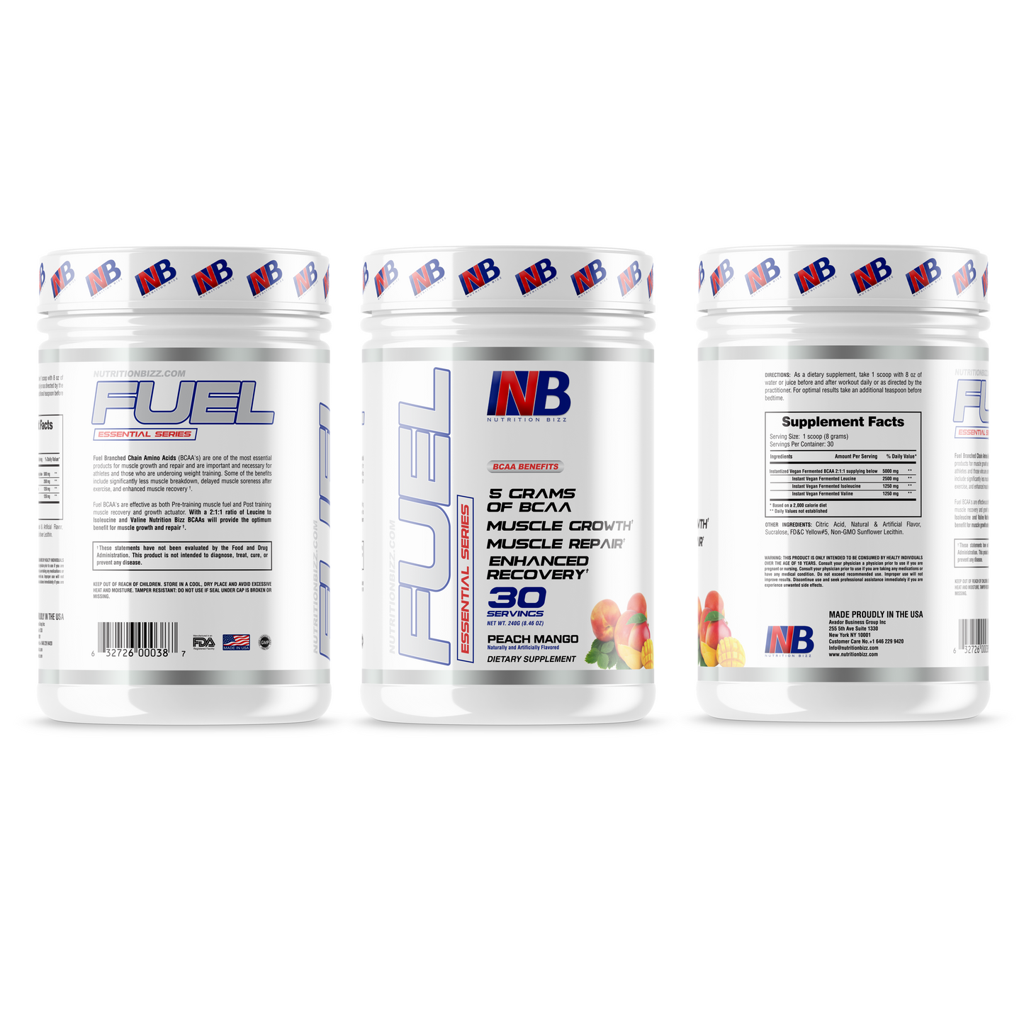 NutritionBizz Fuel BCAA Powder, 5 Grams of BCAAs Amino Acids 30 Servings PEACH MANGO