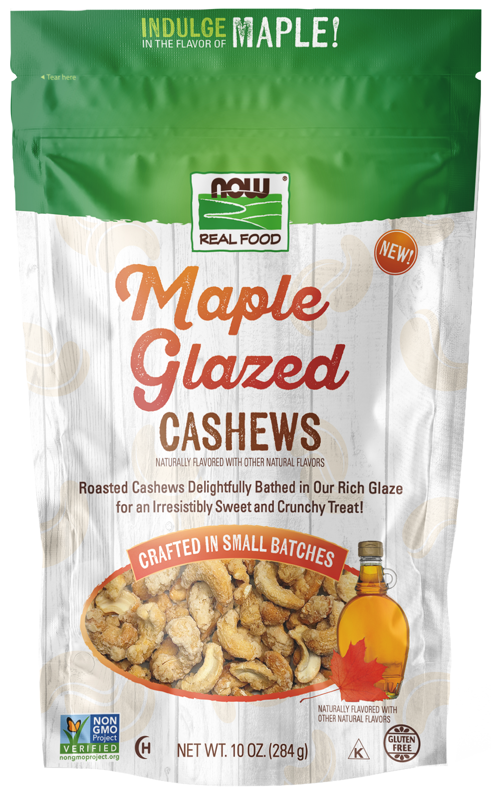 NOW Foods, Maple Glazed Cashews, Non-GMO Verified, 10 oz. bag — product image