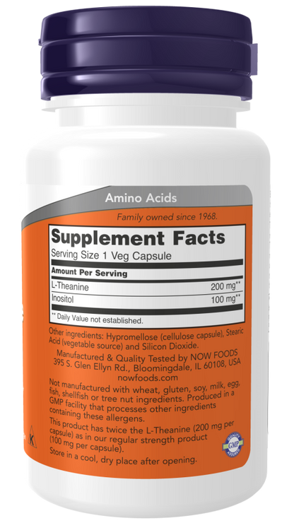 Now Foods L-Theanine, Double Strength 200 mg 60 Veg Capsules
