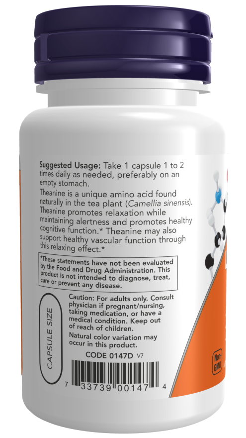 Now Foods L-Theanine, Double Strength 200 mg 60 Veg Capsules