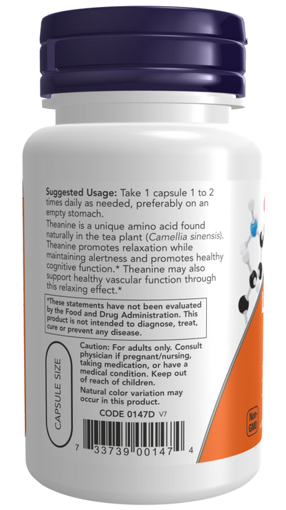Now Foods L-Theanine, Double Strength 200 mg 60 Veg Capsules