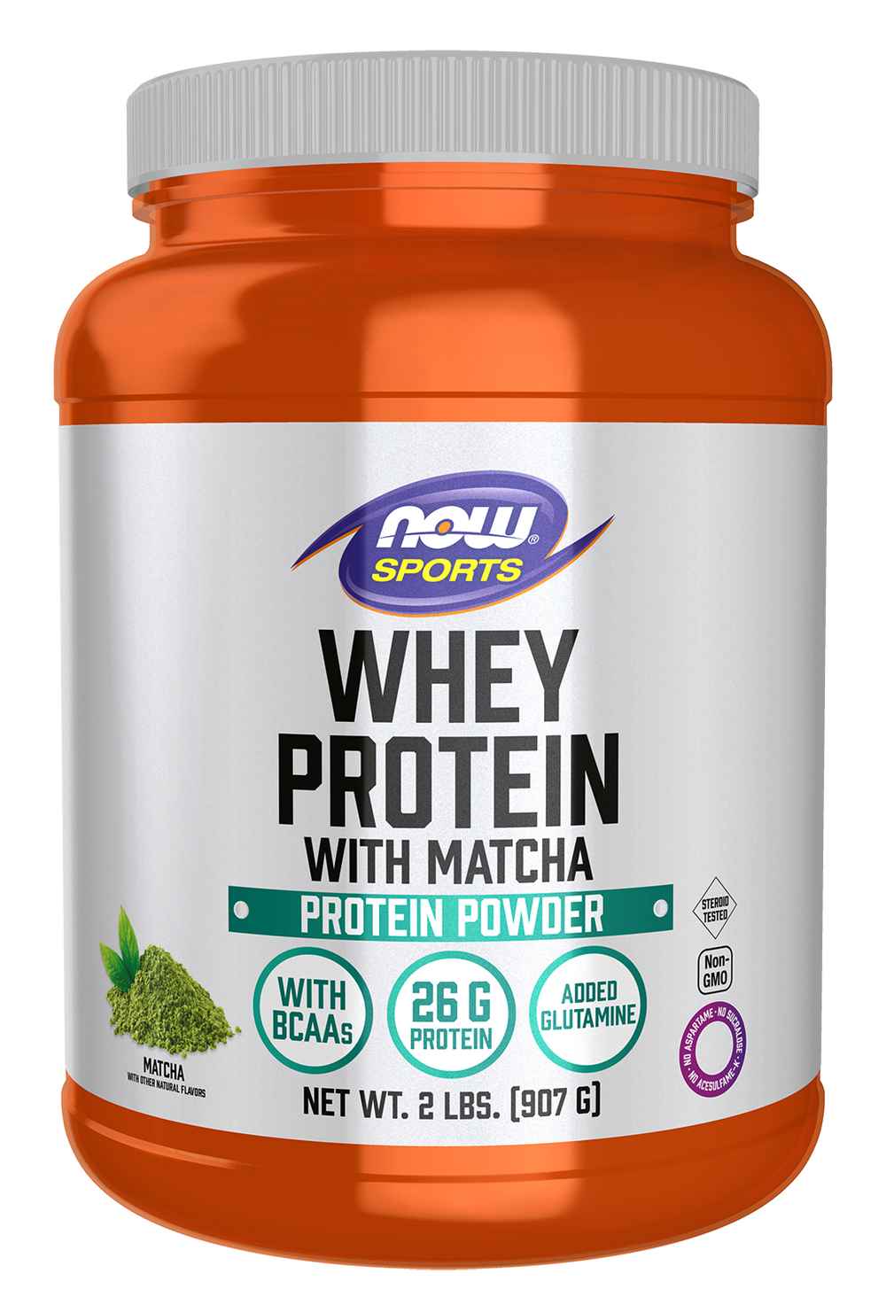 NOW Sports, Whey Protein 26 g With BCAAs, Matcha Powder, 2 lbs — product image