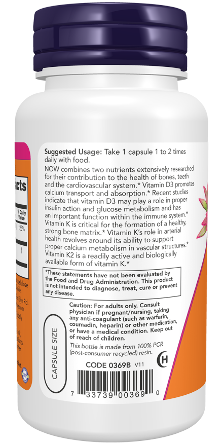 Now Foods Vitamin D3 & K2 120 Capsules