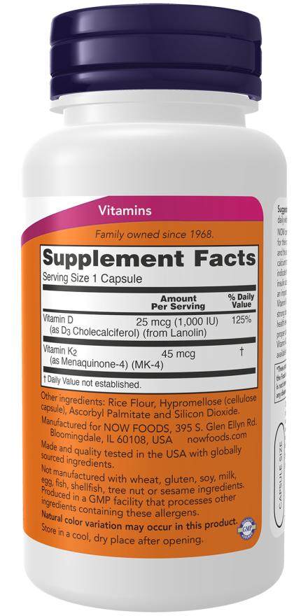 Now Foods Vitamin D3 & K2 120 Capsules