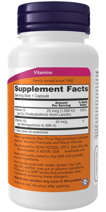 Now Foods Vitamin D3 & K2 120 Capsules