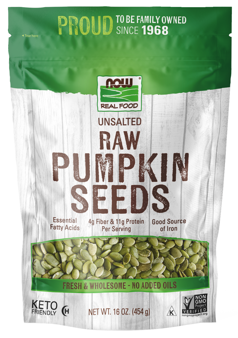 NOW Foods, Pumpkin Seeds, Raw, Unsalted, Source of Protein, 16 oz. — product image