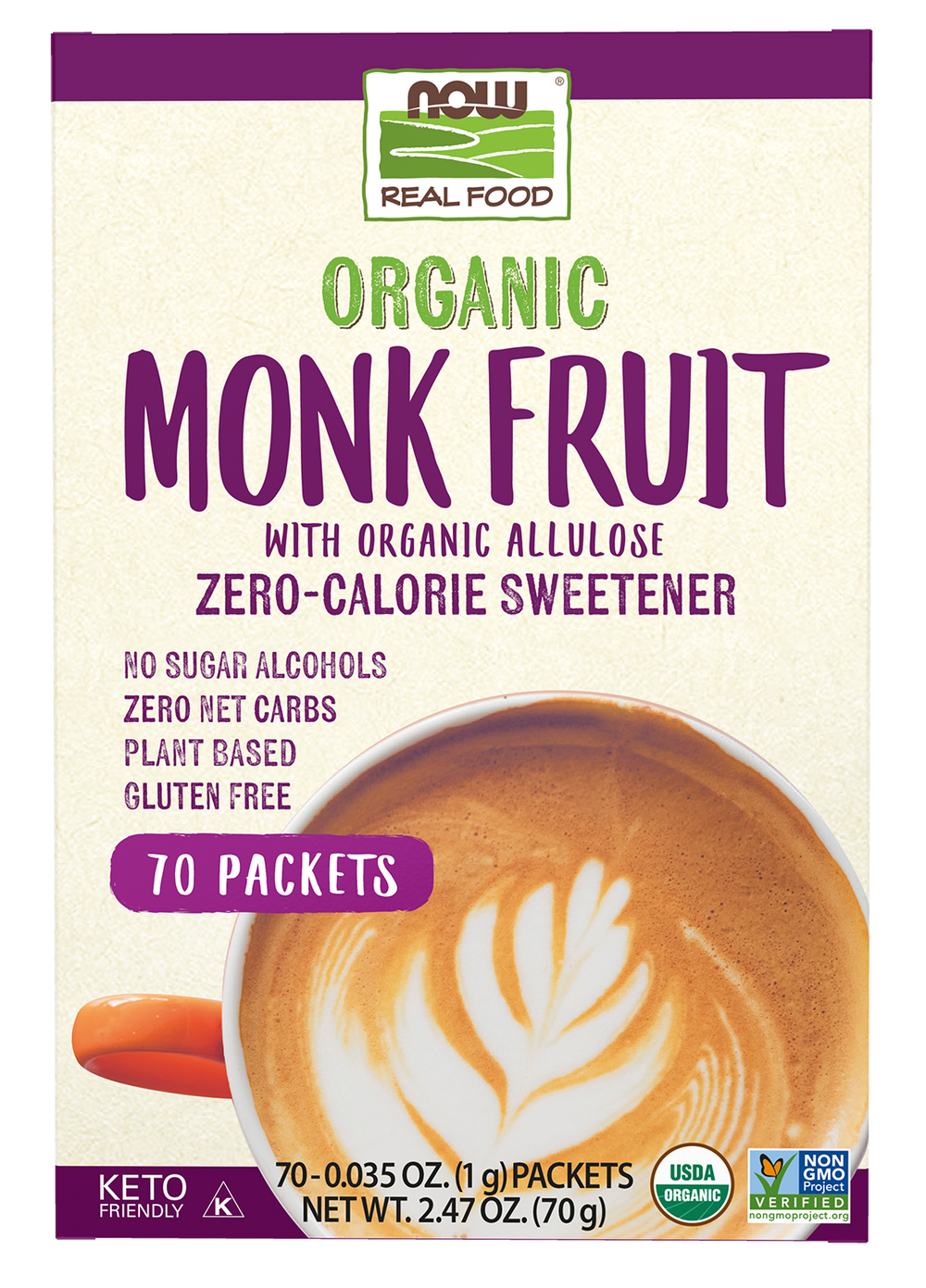 NOW Foods, Organic Monk Fruit, Zero-Calorie Sweetener, Non-GMO, 70 Packets — product image