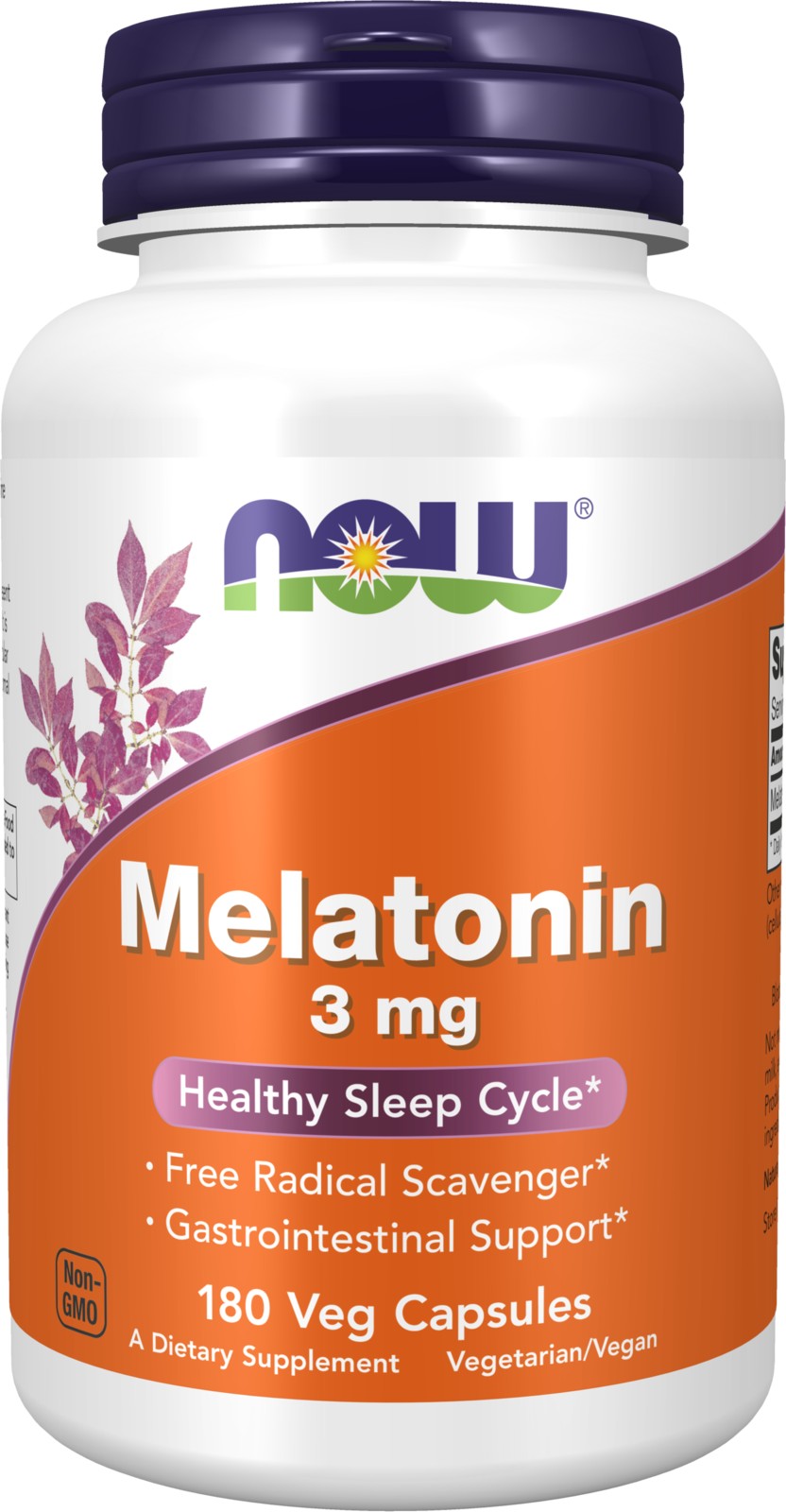 NOW Supplements, Melatonin 3 mg, Healthy Sleep Cycle*, 180 Veg Caps — product image