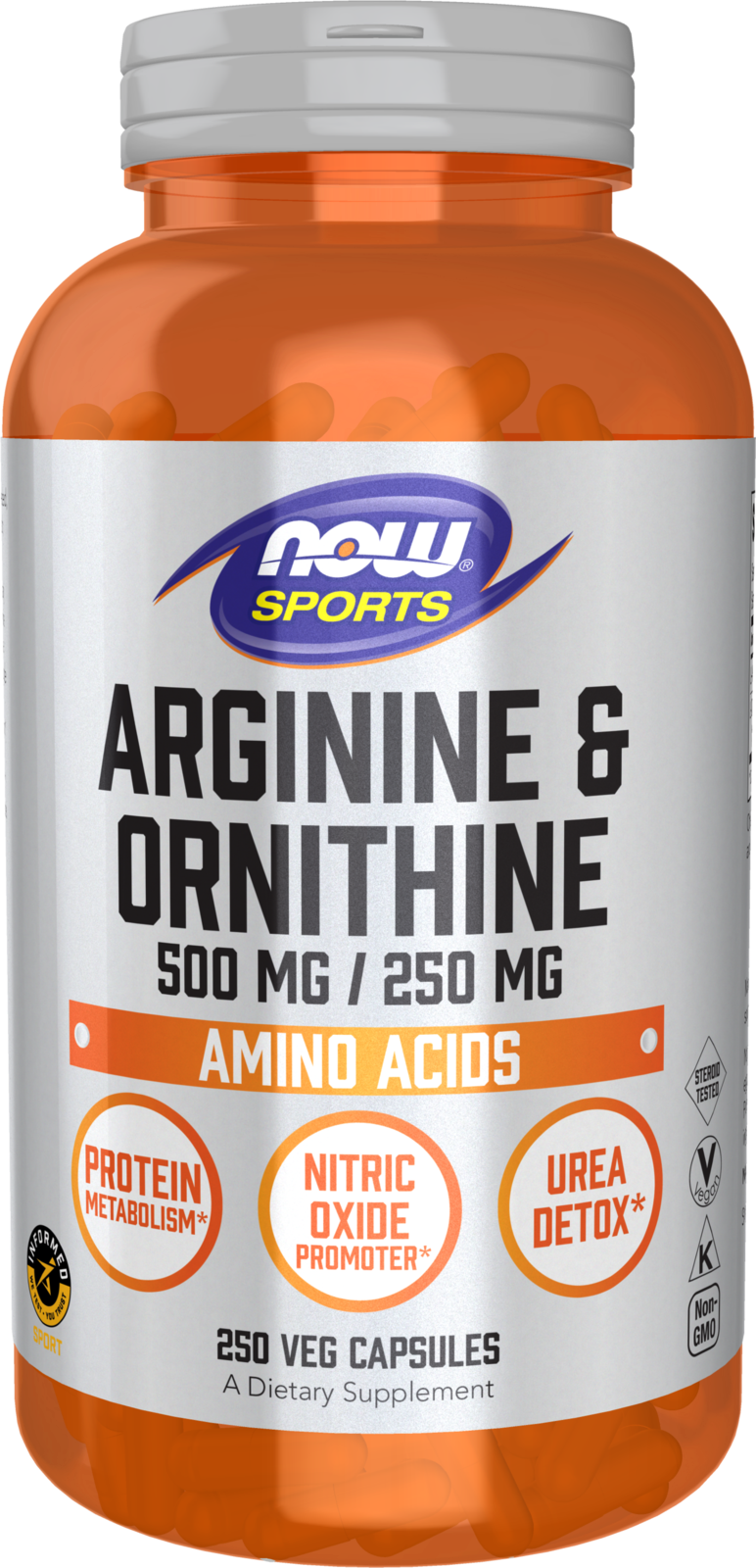 NOW Sports, Arginine & Ornithine 500/250 mg, Amino Acids, 250 Veg Caps — product image
