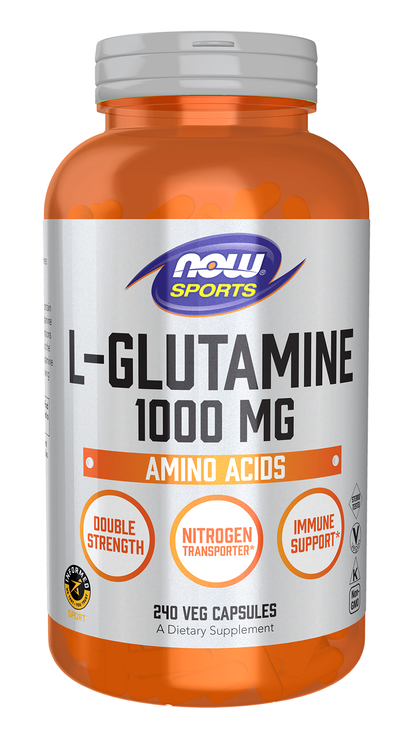 NOW Sports, L-Glutamine 1,000 mg, Double Strength, Amino Acid, 240 Veg Caps — product image