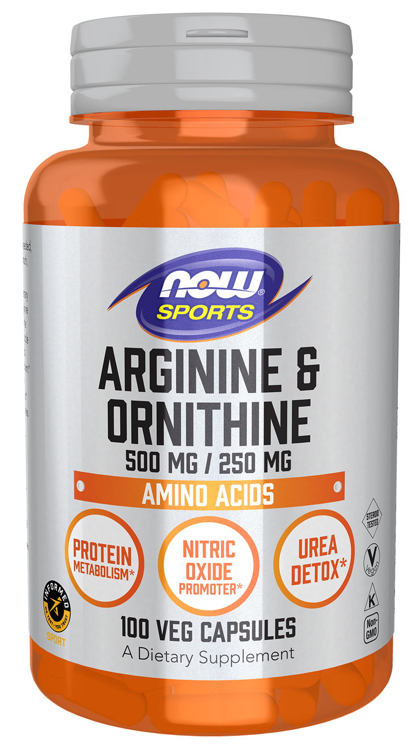 NOW Sports, Arginine & Ornithine 500/250 mg, Amino Acids, 100 Veg Caps — product image