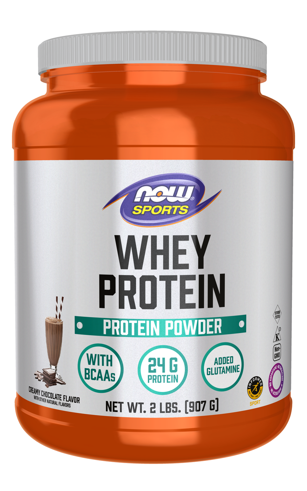 NOW Sports, Whey Protein 24 g With BCAAs, Creamy Chocolate Flavor, 2 lbs — product image