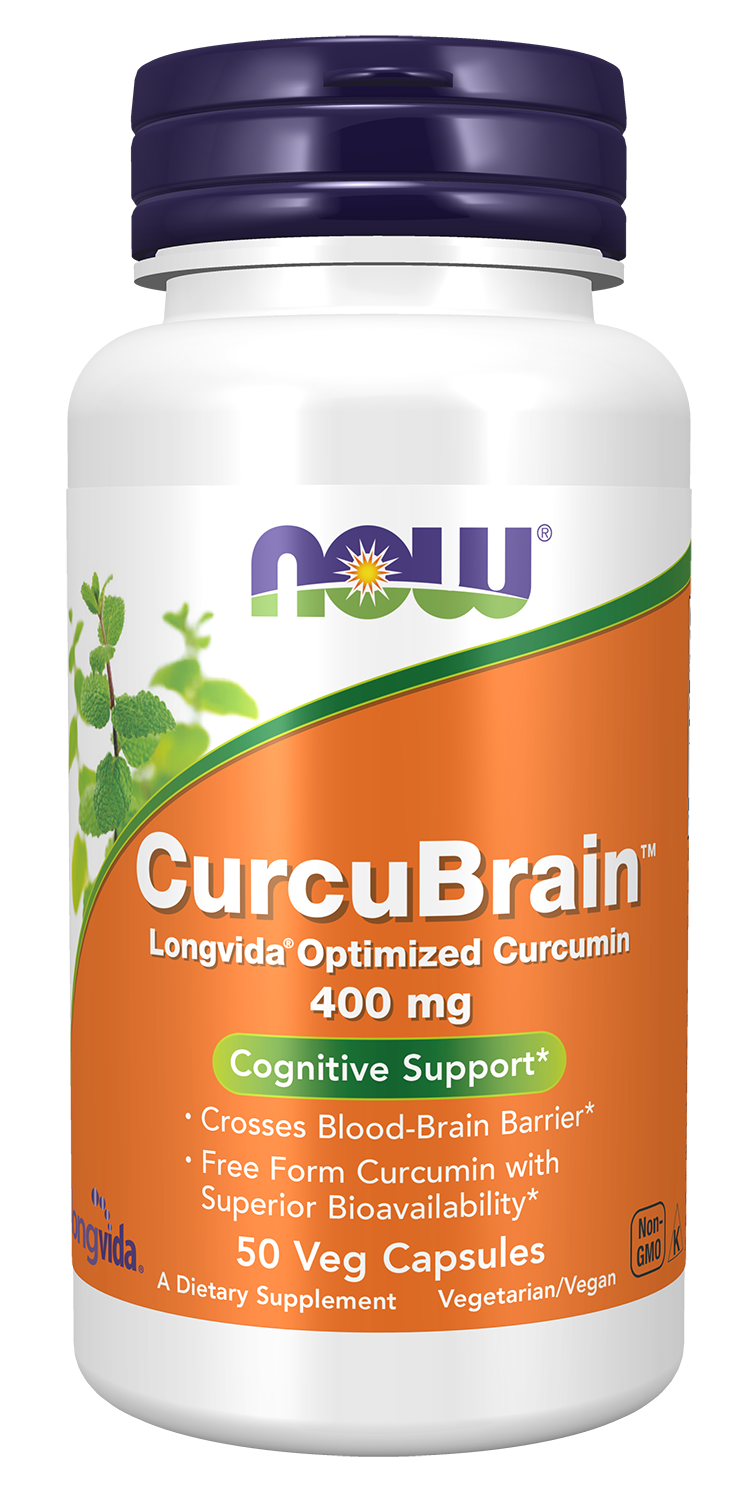 NOW Supplements, CurcuBrain™ 400 mg with Longvida® Curcumin, 50 Veg Caps — product image