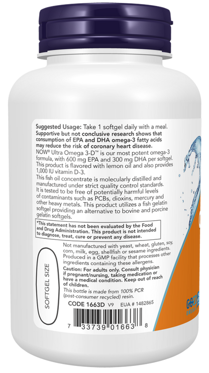 Now Foods Ultra Omega 3-D™ Fish Oil (Fish Gelatin) Fish 90 Softgels