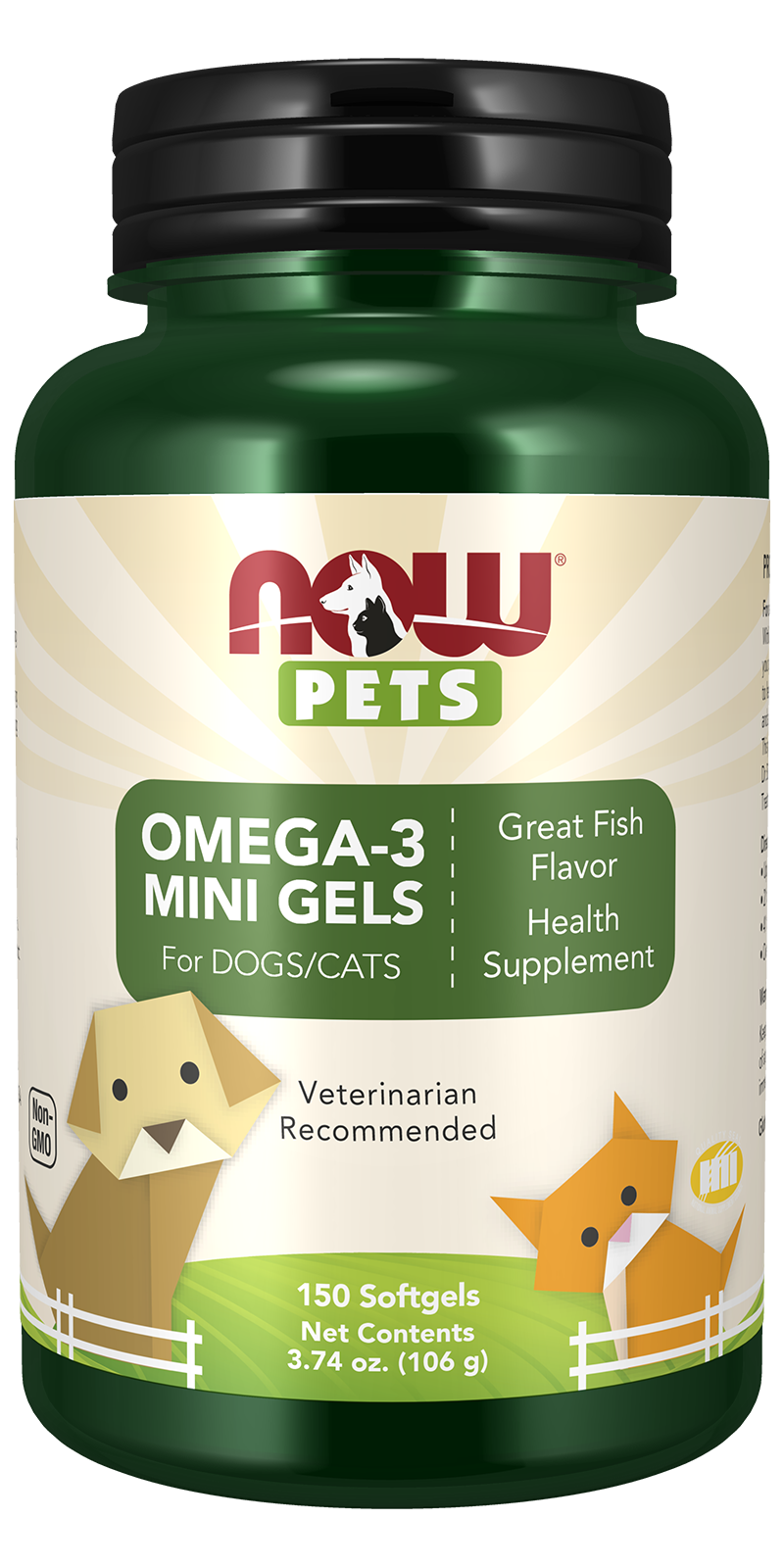 NOW Pet Health, Omega 3 Mini Gels Supplement, Cats & Dogs, 150 Softgels — product image