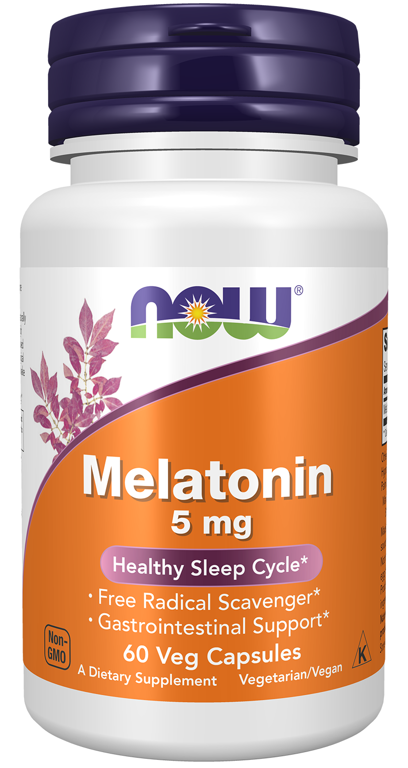 NOW Supplements, Melatonin 5 mg, Healthy Sleep Cycle*, 60 Veg Caps — product image