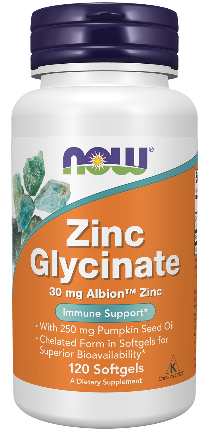NOW Supplements, Zinc Glycinate with 250 mg Pumpkin Seed Oil, 120 Softgels — product image