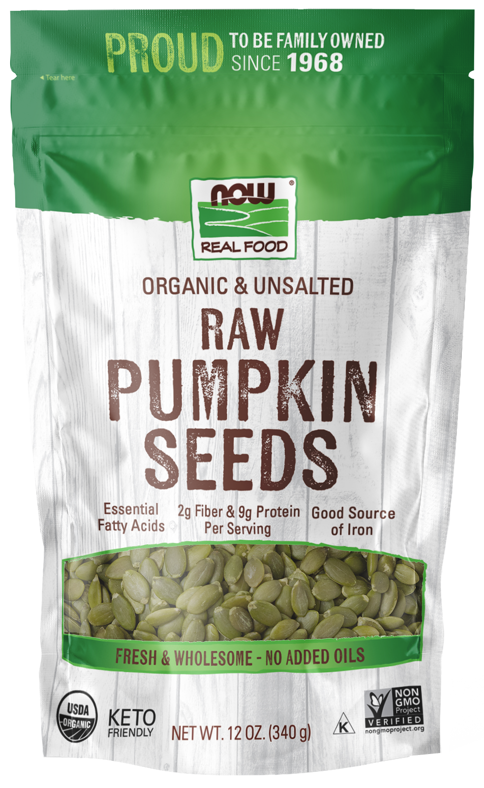 NOW Foods, Organic Pumpkin Seeds, Raw & Unsalted, Source of Iron, 12 oz — product image