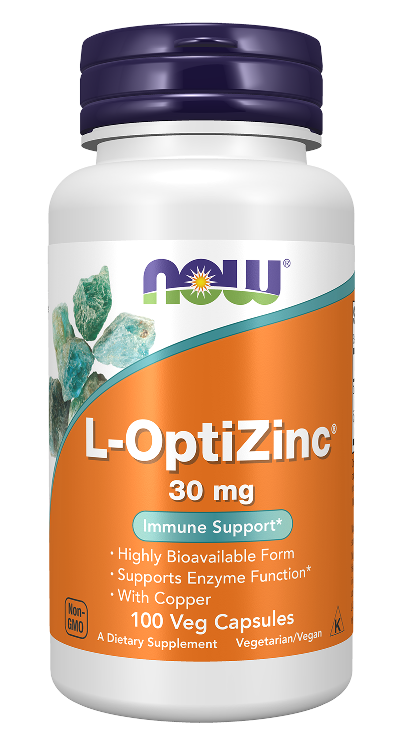NOW Supplements, L-OptiZinc® 30 mg with Copper, 100 Veg Caps — product image
