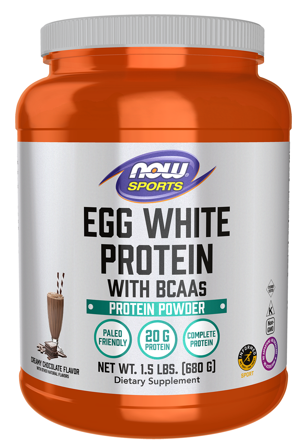 NOW Sports, Egg White Protein, 20g w/BCAAs, Creamy Chocolate, 1.5 lbs — product image