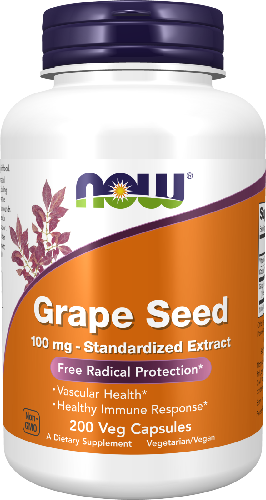 NOW Supplements, Grape Seed 100 mg, with Vitamin C, 200 Veg Caps — product image