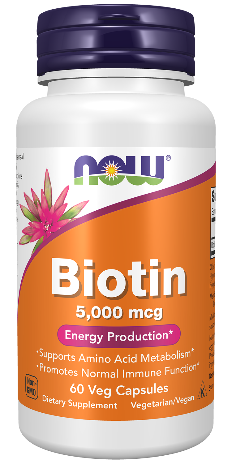NOW Supplements, Biotin 5,000 mcg, Amino Acid Metabolism*, 60 Veg Caps — product image