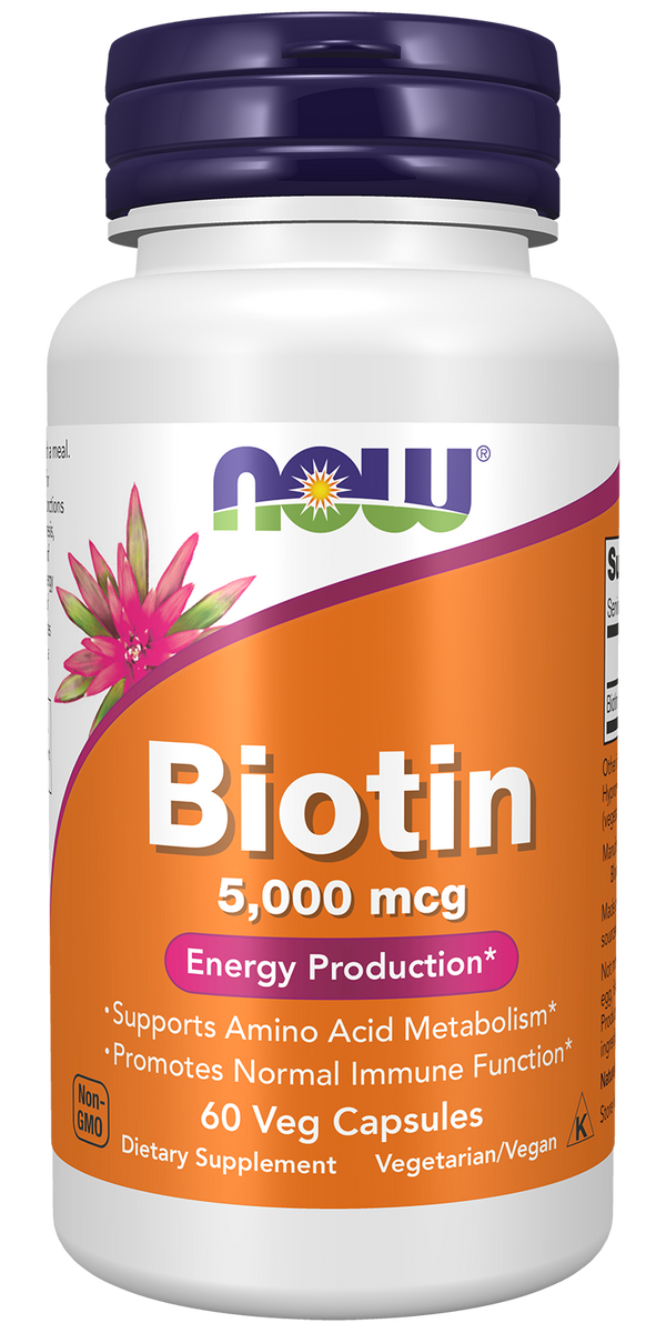 NOW Supplements, Biotin 5,000 mcg, Amino Acid Metabolism*, 60 Veg Caps — product image