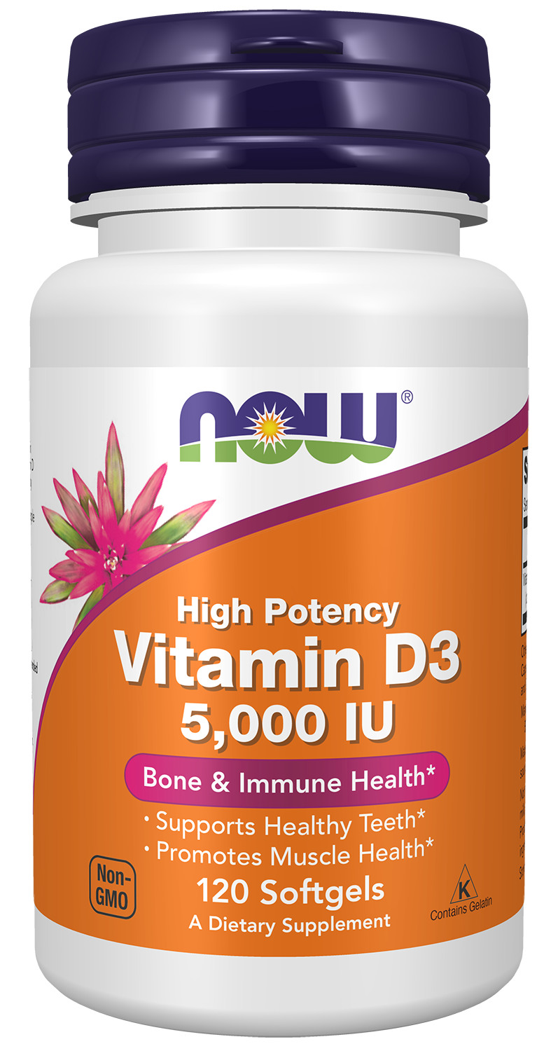 NOW Supplements, Vitamin D-3 5,000 IU, Structural Support*, 120 Softgels — product image