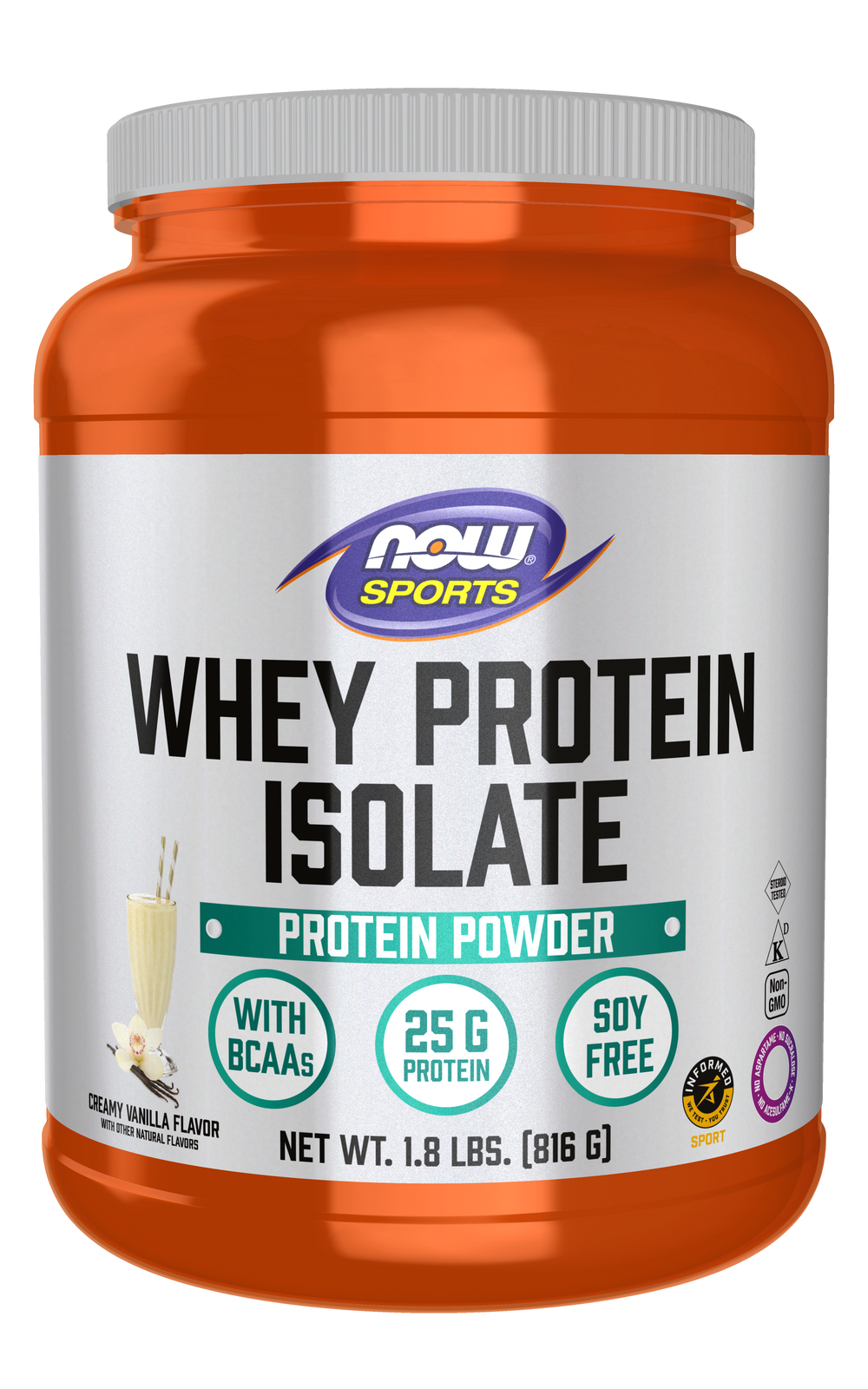 NOW Sports, Whey Protein Isolate 25 g With BCAAs, Vanilla Flavor 1.8 lbs — product image