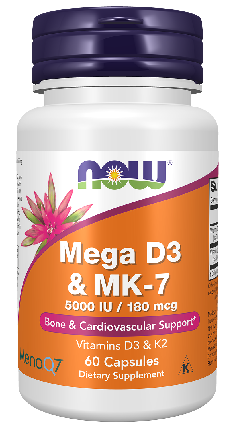 NOW Supplements, Mega D-3 & MK-7 with Vitamins D-3 & K-2, 60 Veg Caps — product image