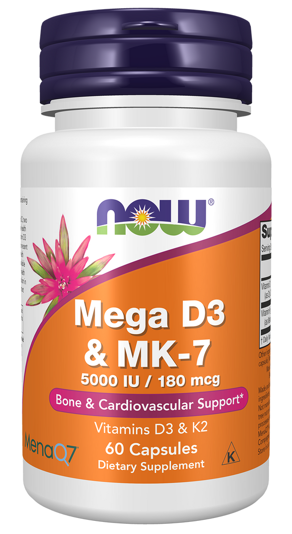 NOW Supplements, Mega D-3 & MK-7 with Vitamins D-3 & K-2, 60 Veg Caps — product image