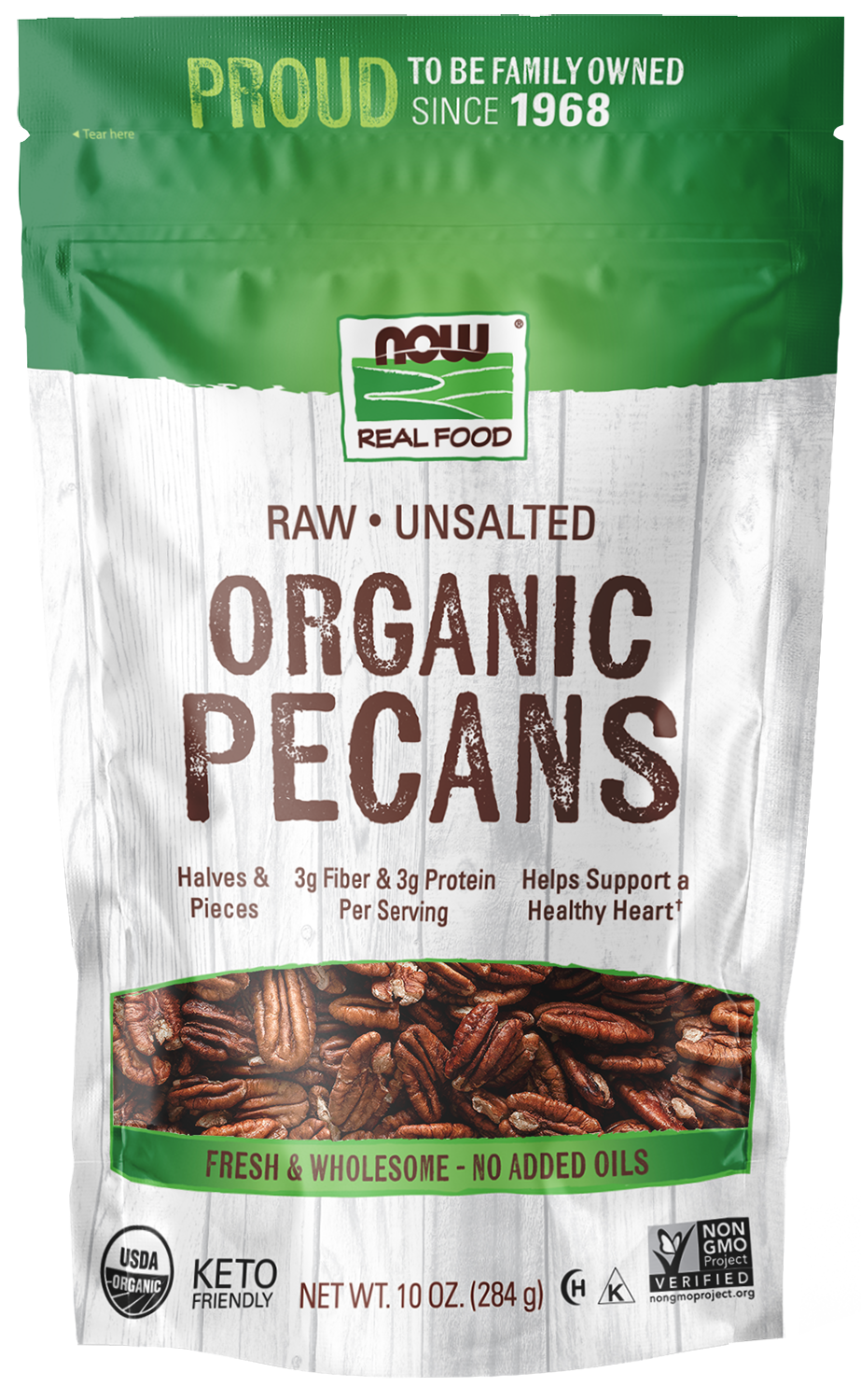 NOW Foods, Organic Pecans, Raw, Unsalted, no added oils, 10 oz — product image