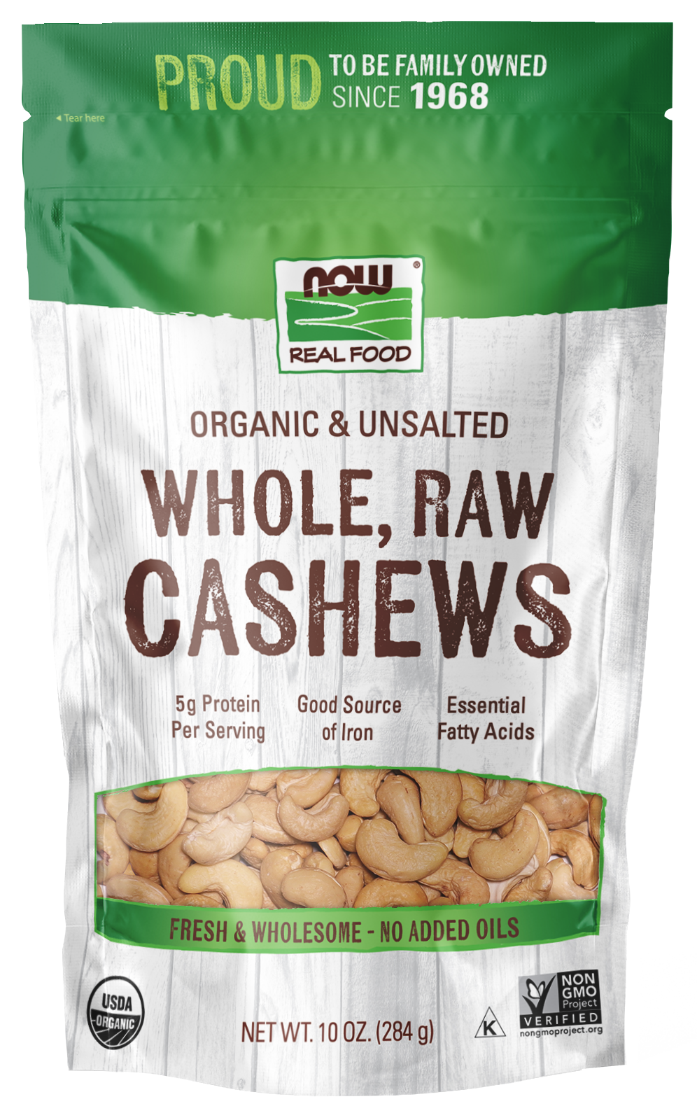 NOW Foods, Certified Organic Cashews, Whole, Raw, Unsalted, 10 oz — product image
