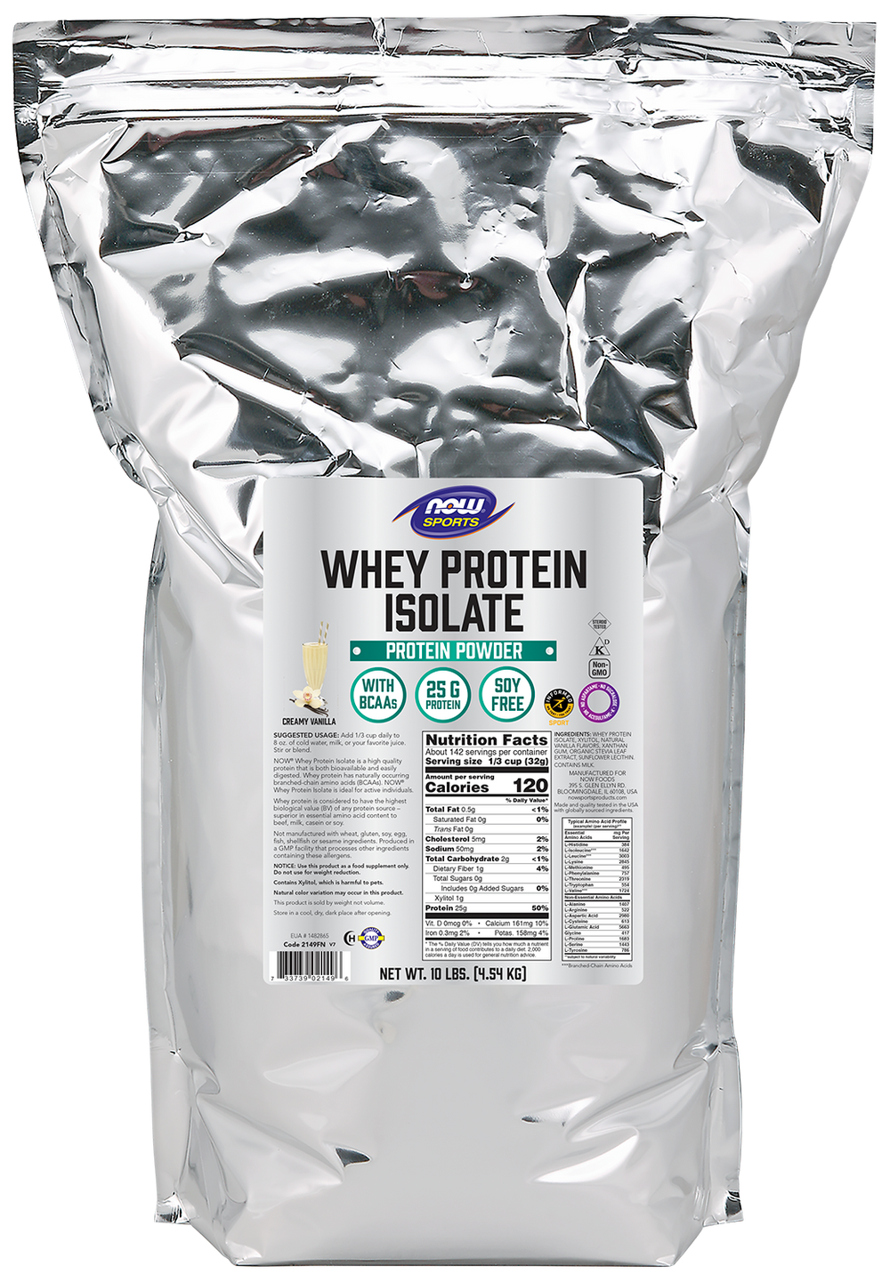 NOW Sports, Whey Protein Isolate 25 g With BCAAs, Vanilla Flavor, 10 lbs — product image