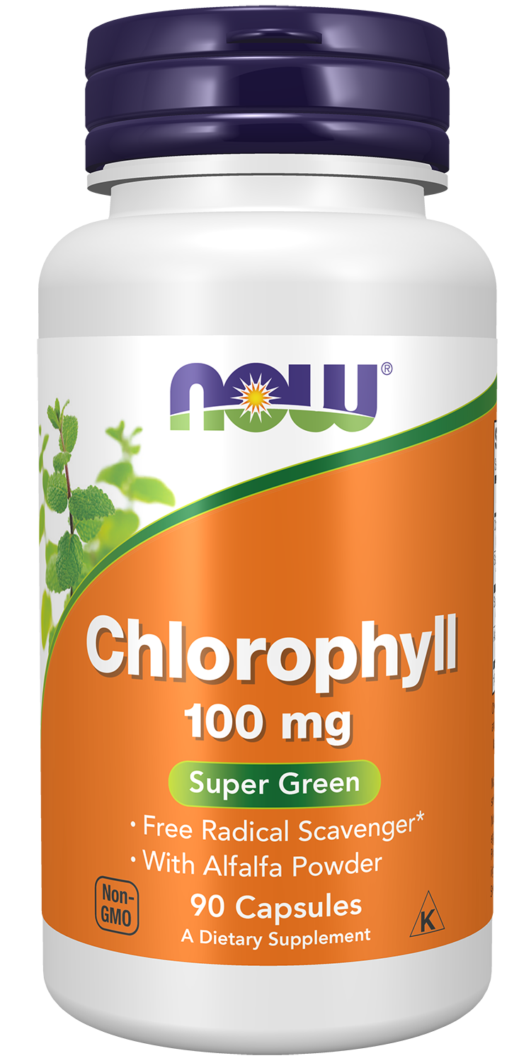 NOW Supplements, Chlorophyll 100 mg with Alfalfa, 90 Veg Caps — product image