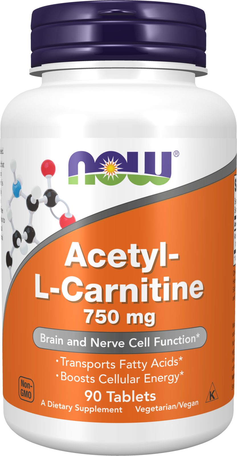 NOW Supplements, Acetyl-L-Carnitine 750 mg, Brain Energy*, 90 Tabs — product image