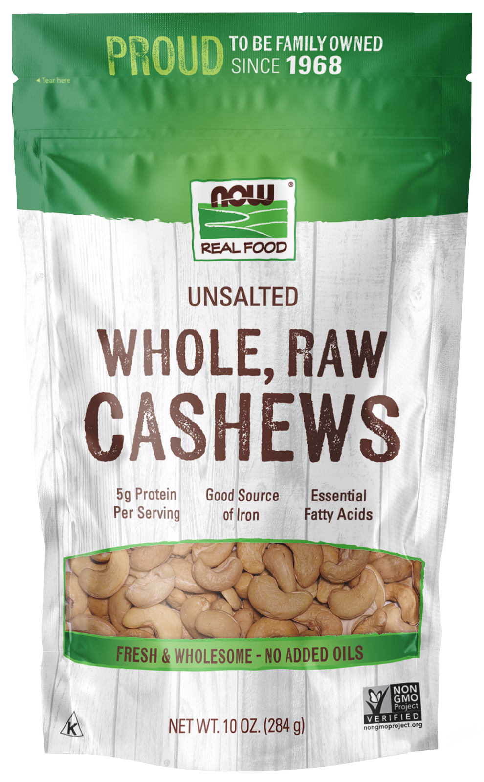 NOW Foods, Whole Cashews, Raw, Unsalted, Good source of Iron, 10 oz — product image