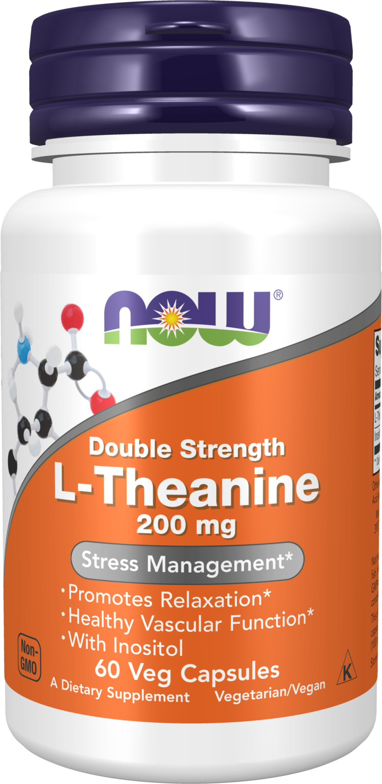 NOW Supplements, L-Theanine 200 mg with Inositol, 60 Veg Caps — product image