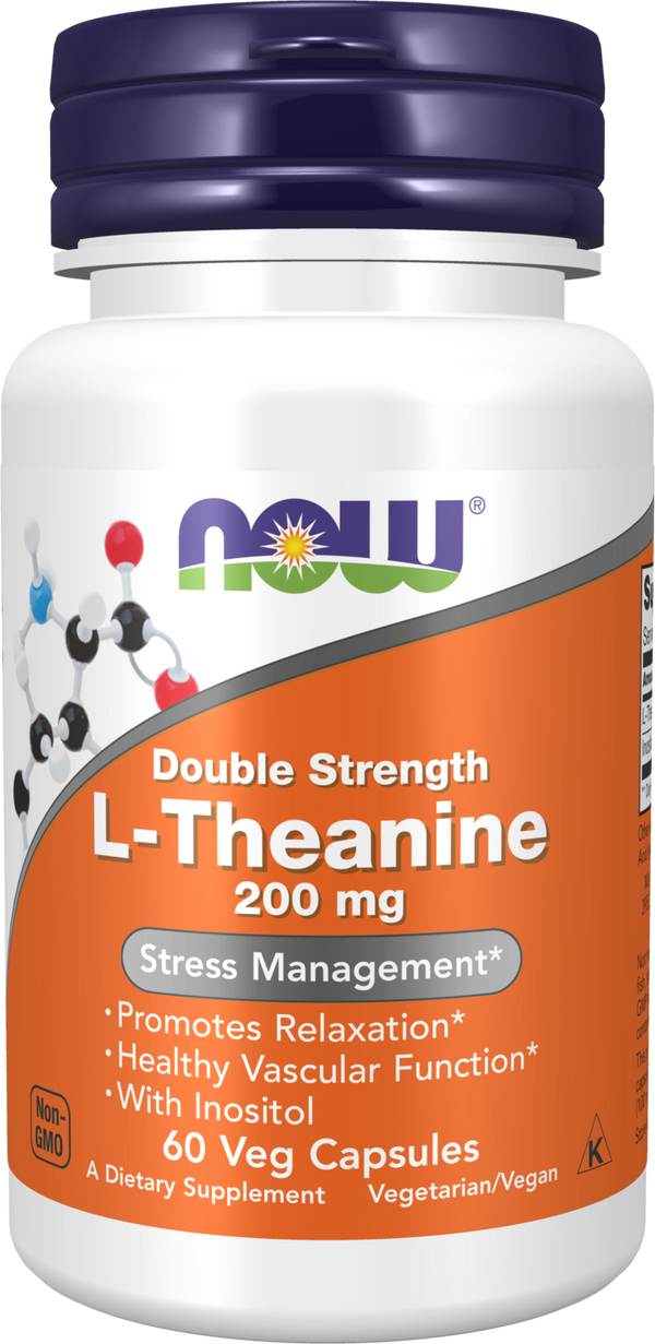 NOW Supplements, L-Theanine 200 mg with Inositol, 60 Veg Caps — product image