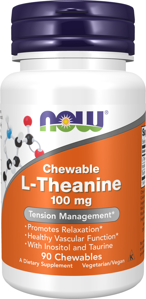 NOW Supplements, L-Theanine 100 mg with Inositol and Taurine, 90 Chewables — product image