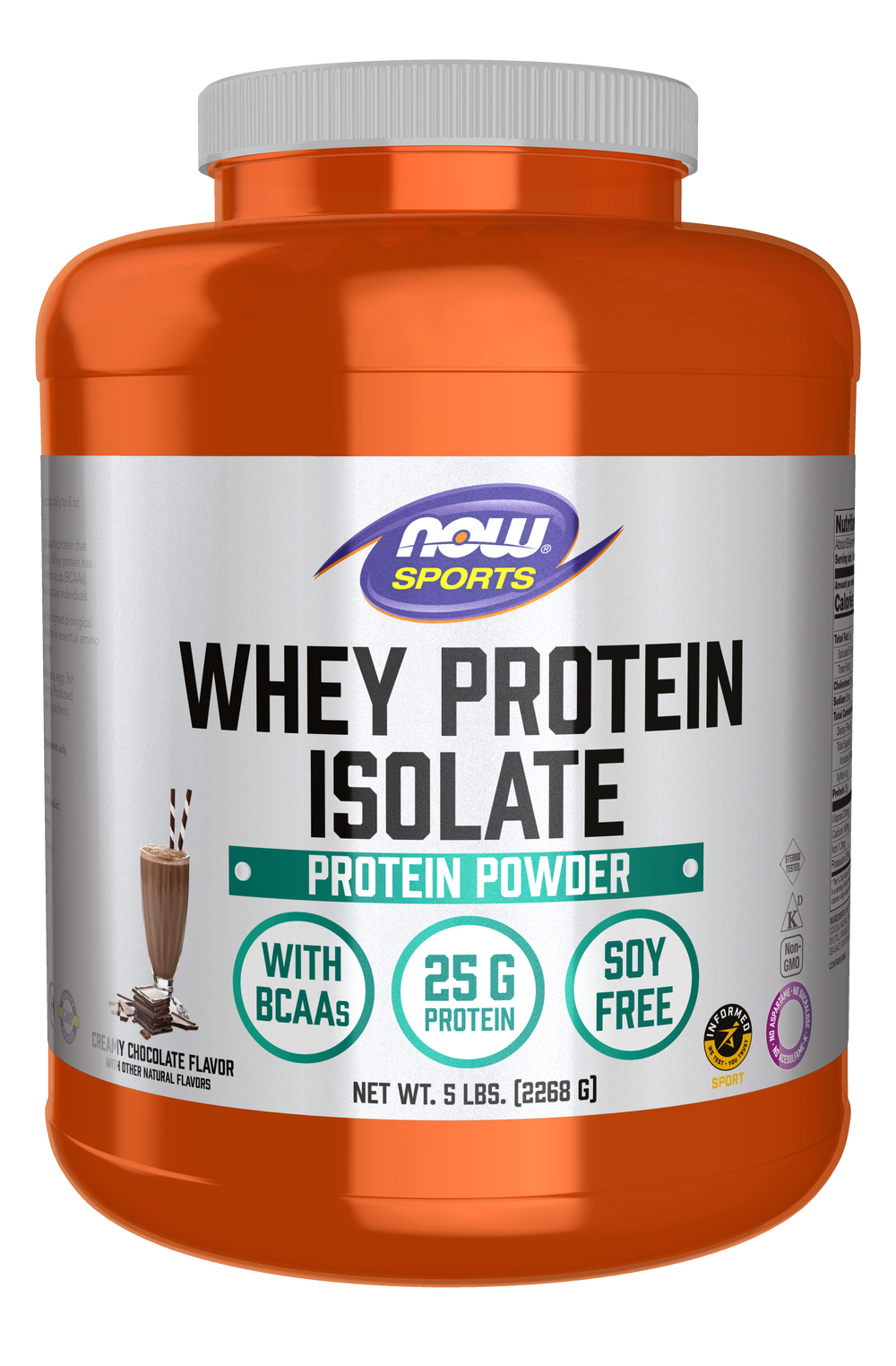 NOW Sports, Whey Protein Isolate 25 g With BCAAs, Chocolate Flavor, 5 lbs — product image