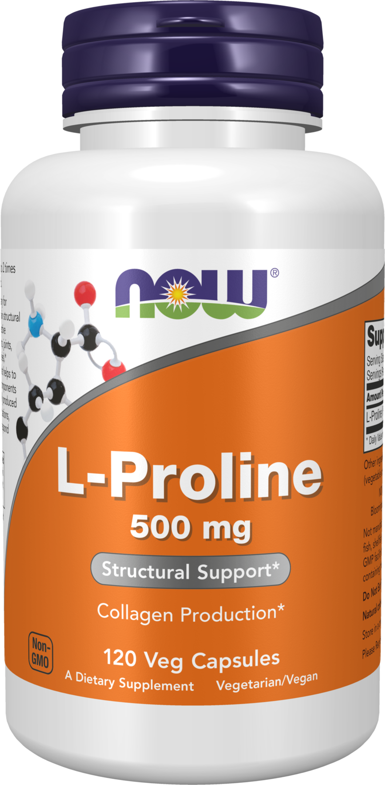 NOW Supplements, L-Proline 500 mg, Collagen Production*, 120 Veg Caps — product image