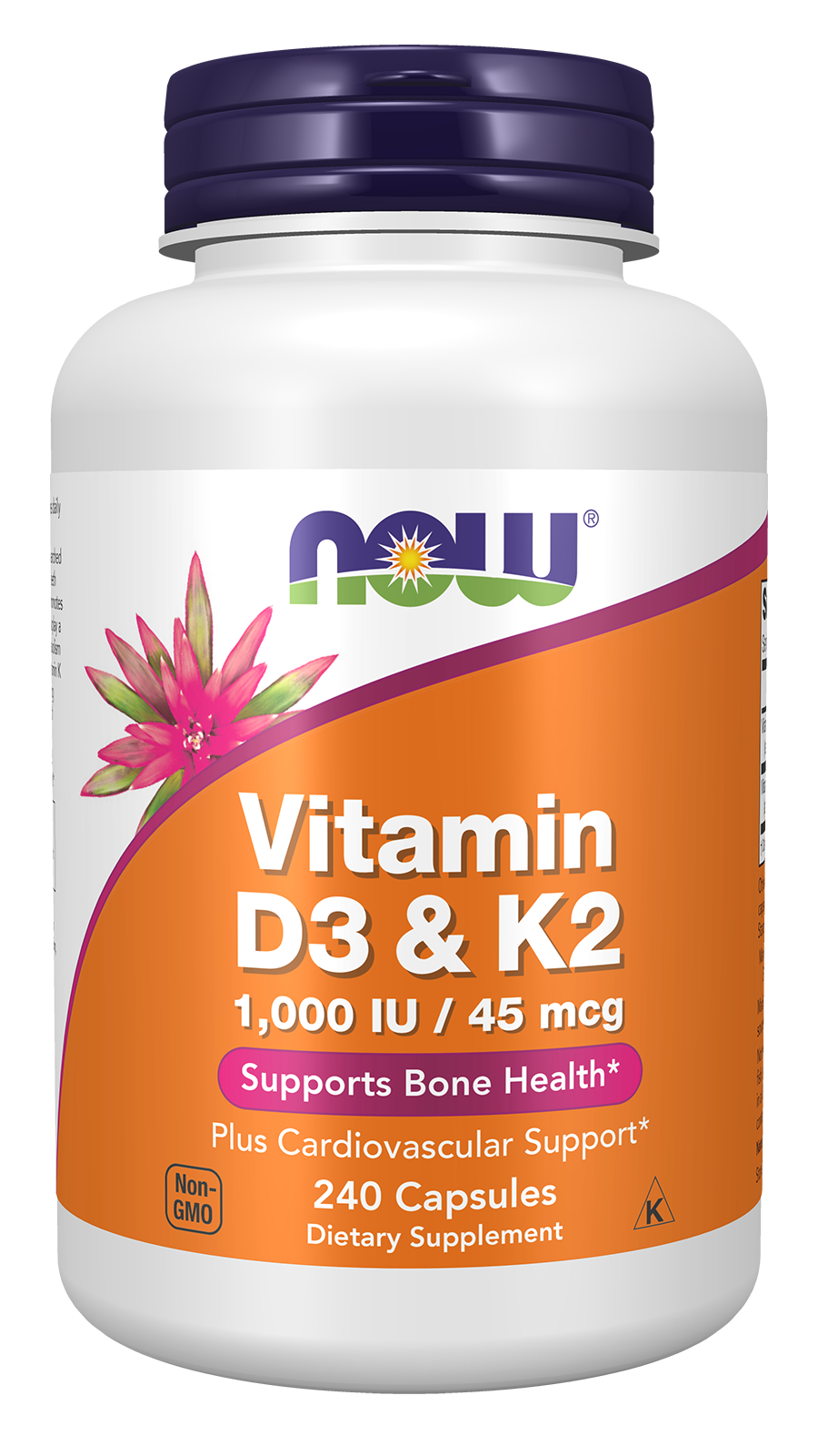 NOW Supplements, Vitamin D3 & K2, 1,000 IU/45 mcg, Plus Cardiovascular Support*, Supports Bone Health*, 240 Veg Capsules — product image