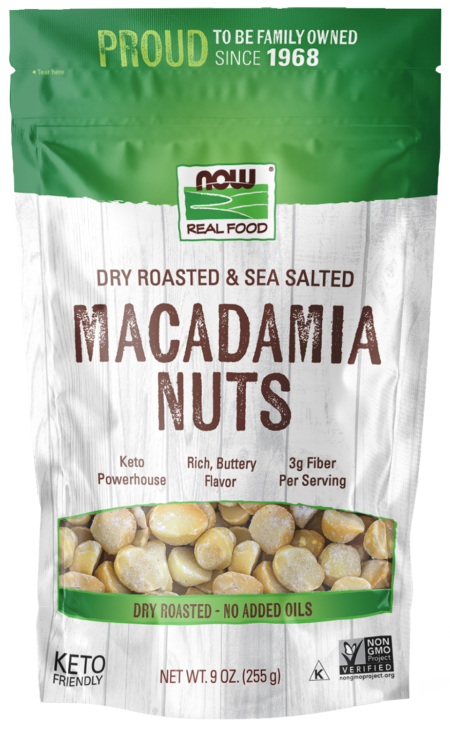 NOW Foods, Macadamia Nuts, Dry Roasted, Sea Salted, Source of Fiber, 9 oz — product image