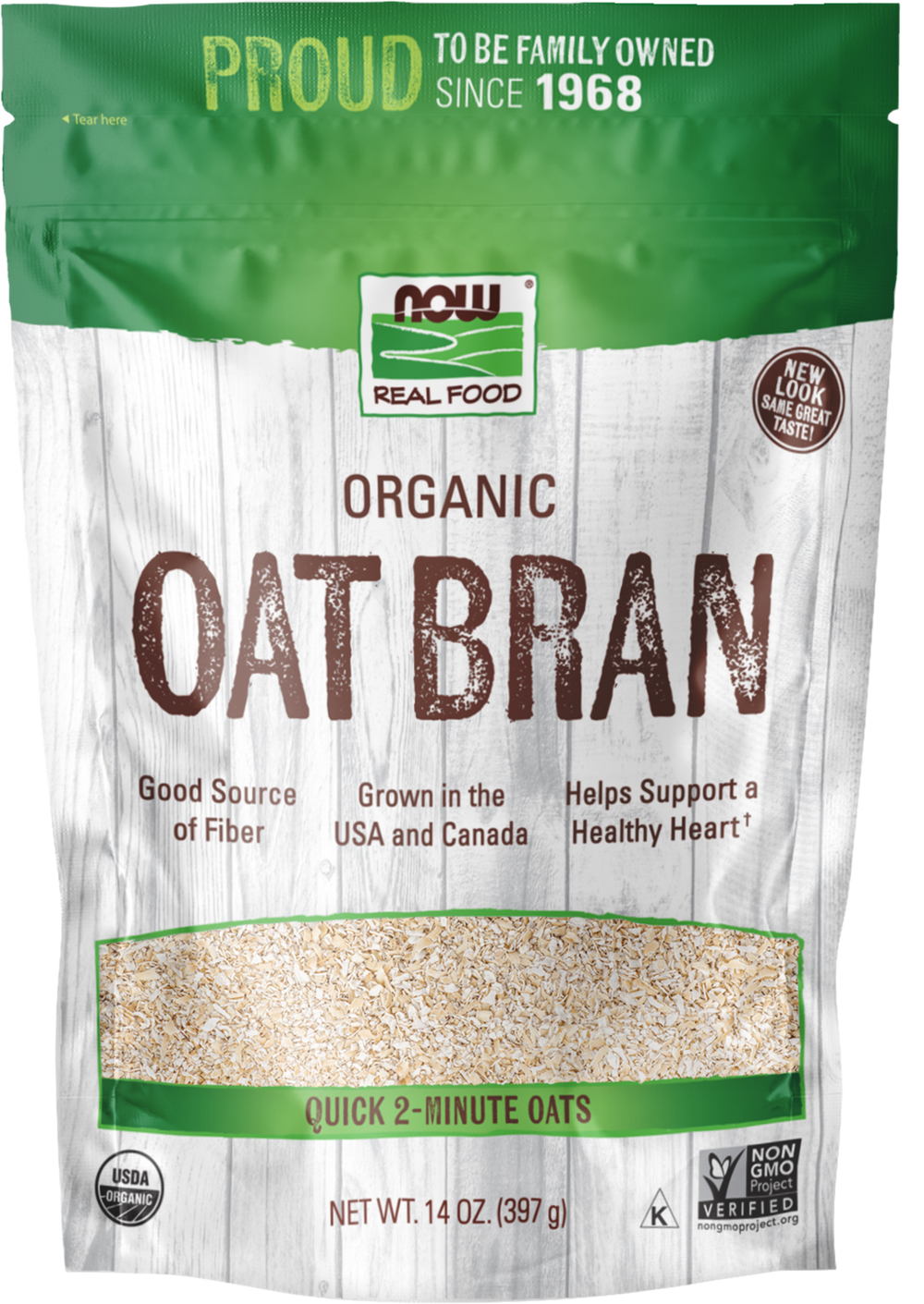 NOW Foods, Organic Oat Bran, Good Source of Fiber, 14 oz — product image