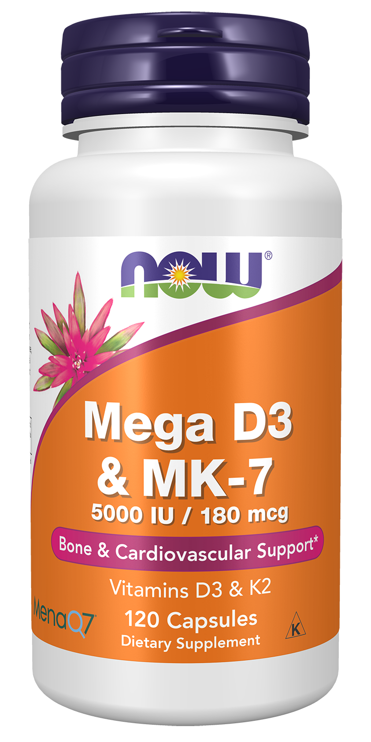 NOW Supplements, Mega D-3 & MK-7, 5000 IU / 180 mcg, 120 Caps — product image