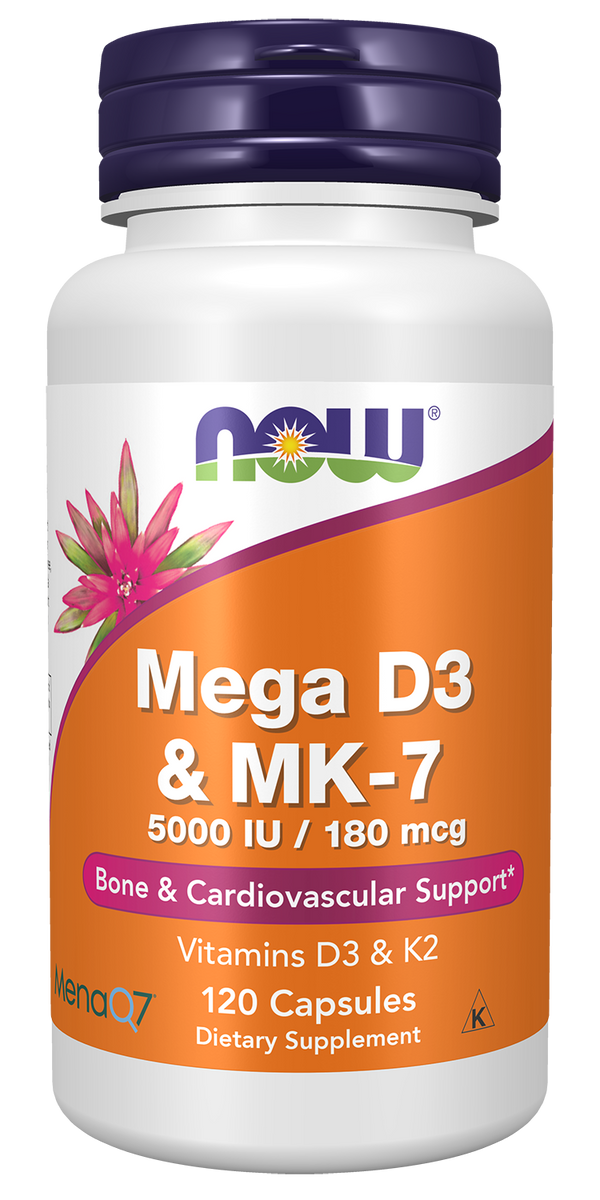 NOW Supplements, Mega D-3 & MK-7, 5000 IU / 180 mcg, 120 Caps — product image