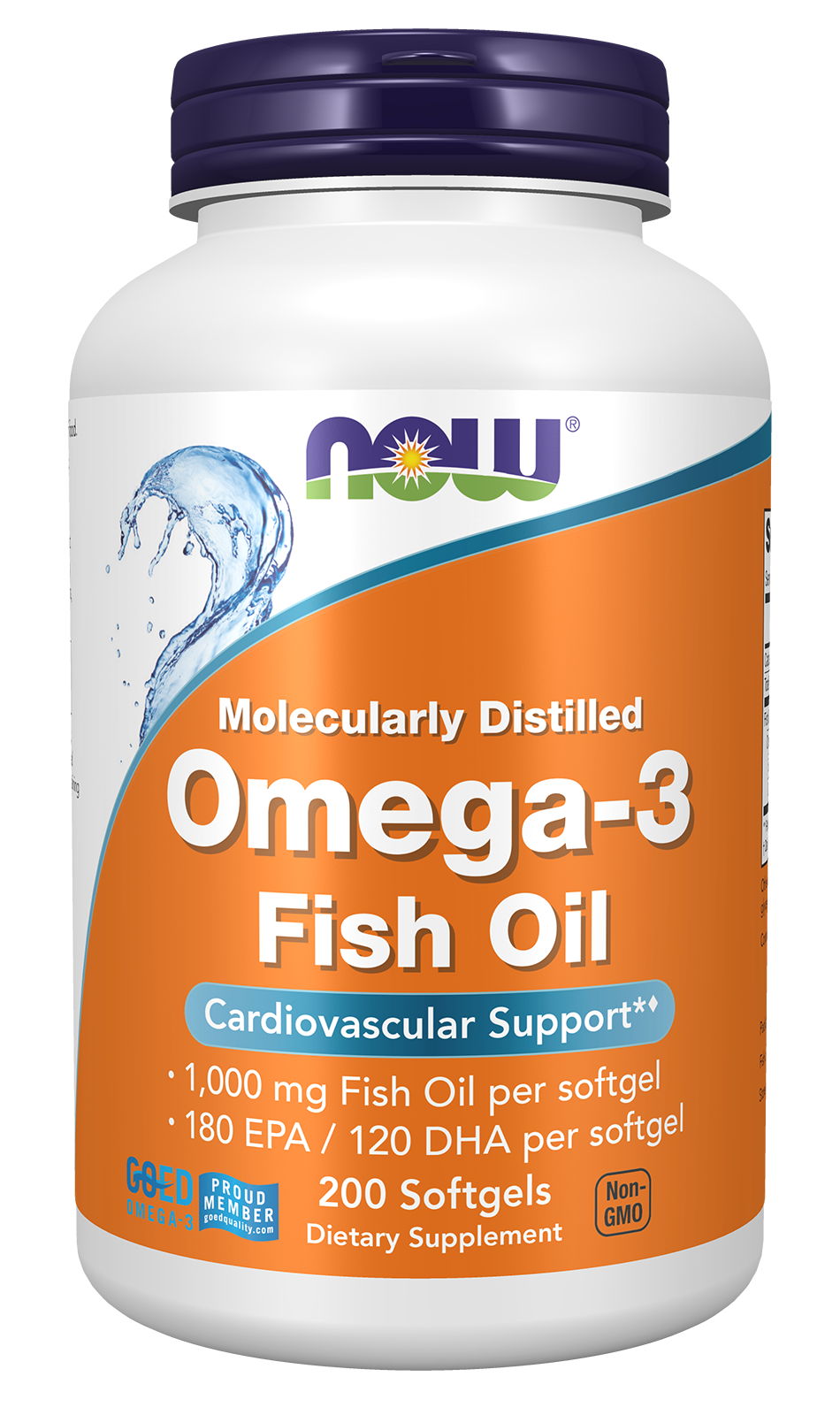 NOW Supplements, Omega-3 180 EPA / 120 DHA, Molecularly Distilled, Cardiovascular Support*, 200 Softgels — product image