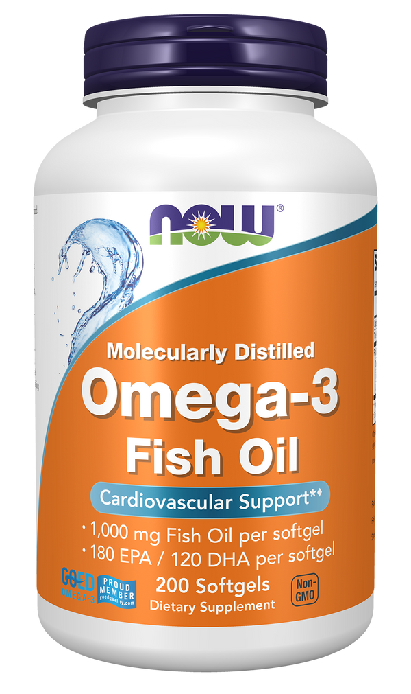 NOW Supplements, Omega-3 180 EPA / 120 DHA, Molecularly Distilled, Cardiovascular Support*, 200 Softgels — product image
