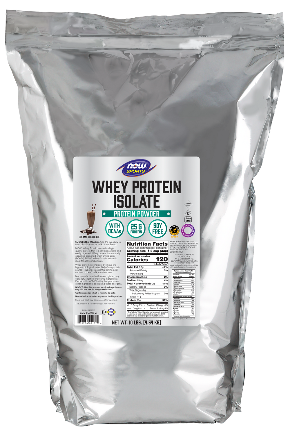 NOW Sports, Whey Protein Isolate 25 g With BCAAs, Chocolate Flavor, 10 lbs — product image